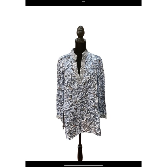 Tory Burch Tops - Tory Burch Blue Floral Cotton Tunic Top Embroidered V-Neck Long Sleeve Size 8